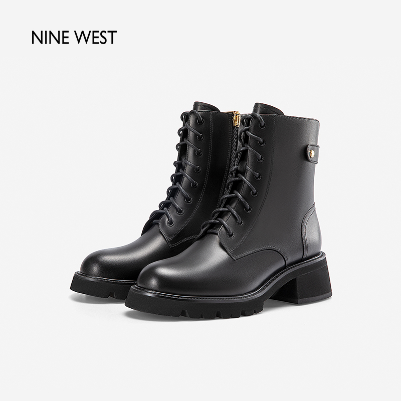 Nine West/玖熙甜酷马丁靴女2023年秋冬新款牛皮短靴时髦炸街靴子