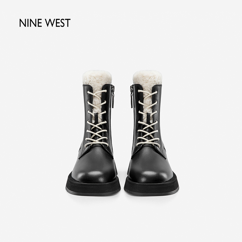 Nine West/玖熙2023年秋冬加绒马丁靴女短靴真皮圆头粗跟厚底靴子