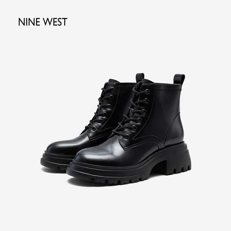 Nine West/玖熙2023年冬季新款马丁靴女中跟短靴圆头牛皮厚底女靴