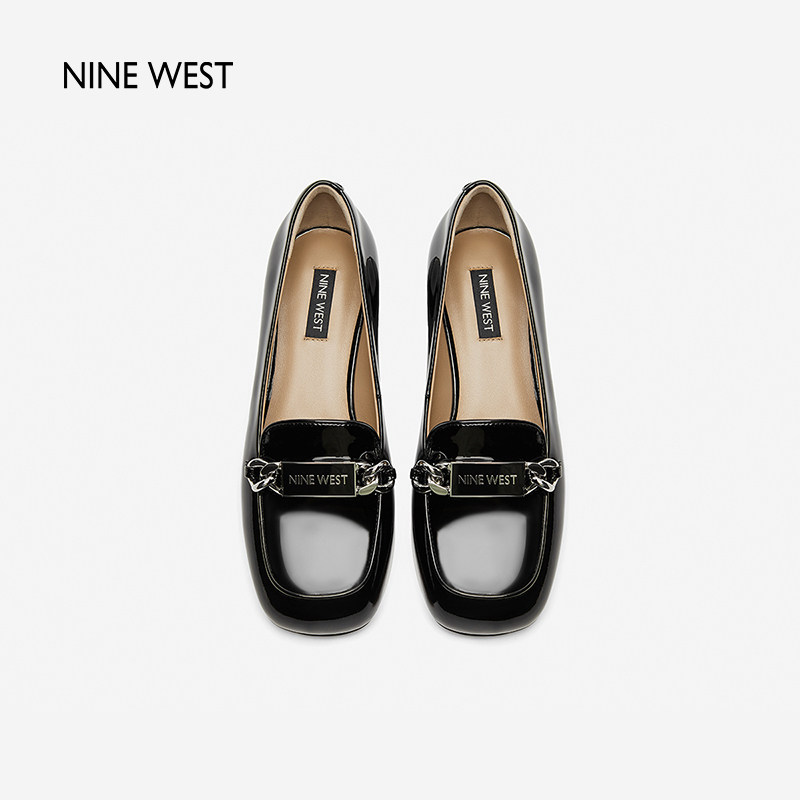 Nine West/玖熙2025春季新款深口单鞋铭牌扣饰亮面小皮鞋粗跟女鞋,淘宝优惠券,粉丝福利购,淘宝优惠卷