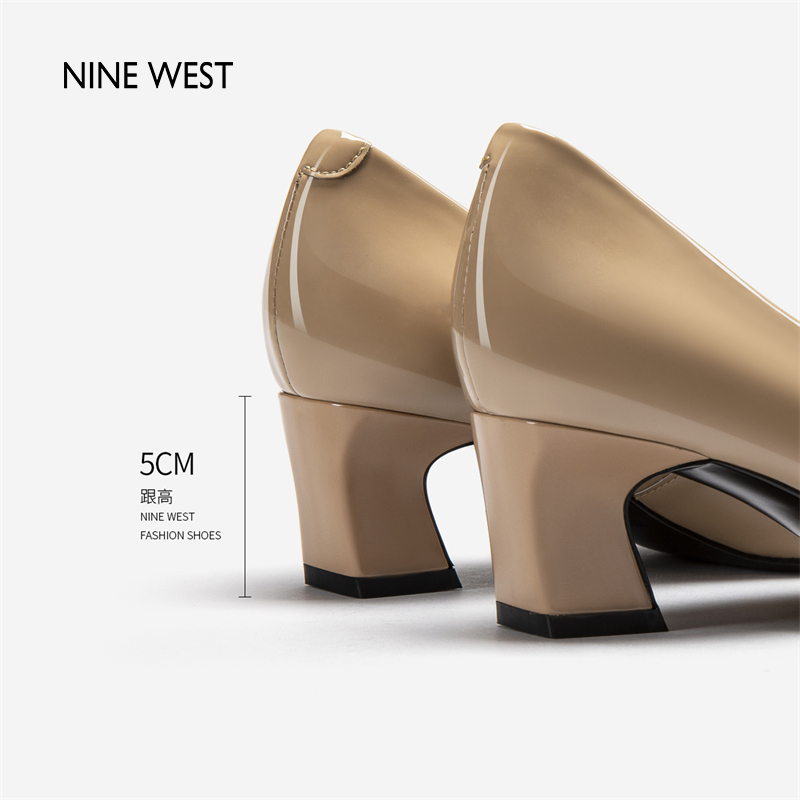 Nine West/玖熙2024年春季新款中跟单鞋女方头浅口金属扣粗跟女鞋-图2