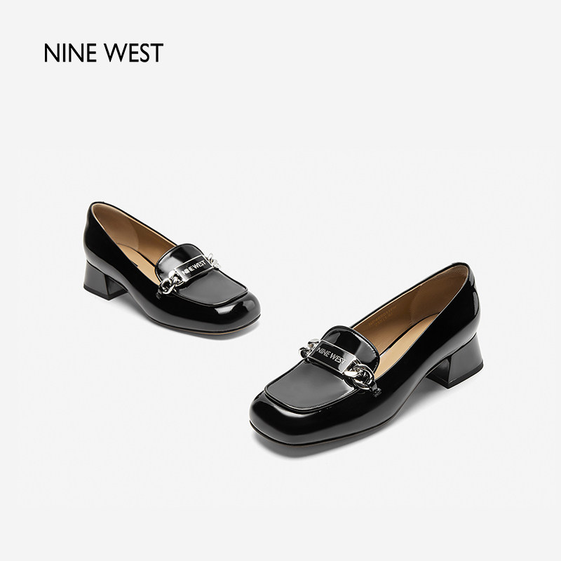 Nine West/玖熙2025春季新款深口单鞋铭牌扣饰亮面小皮鞋粗跟女鞋,淘宝优惠券,粉丝福利购,淘宝优惠卷
