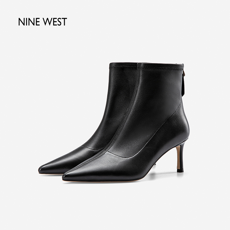 Nine West/玖熙2023年秋冬新款时装靴女羊皮细跟尖头短筒靴