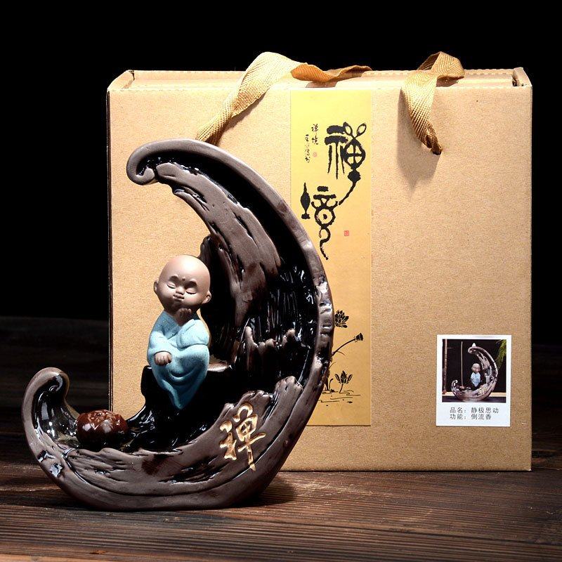陶瓷倒流烟塔香炉 礼盒装Q版沙弥香道高山流水瀑布赏烟锥香沉香炉,淘宝优惠券,粉丝福利购,淘宝优惠卷