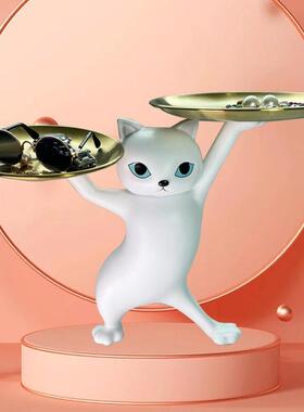 现货动物摆件妖娆猫托盘收纳客厅玄关桌面家居装饰摆件树脂工艺品