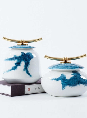 现代新中式水墨陶瓷罐摆件样板酒店客厅玄关桌电视柜摆设软装饰品