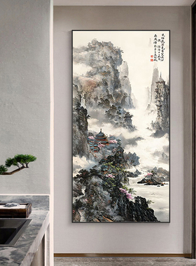 新中式绿色客厅山水装饰画 画入户玄关走廊水墨挂画 画门厅覆古正