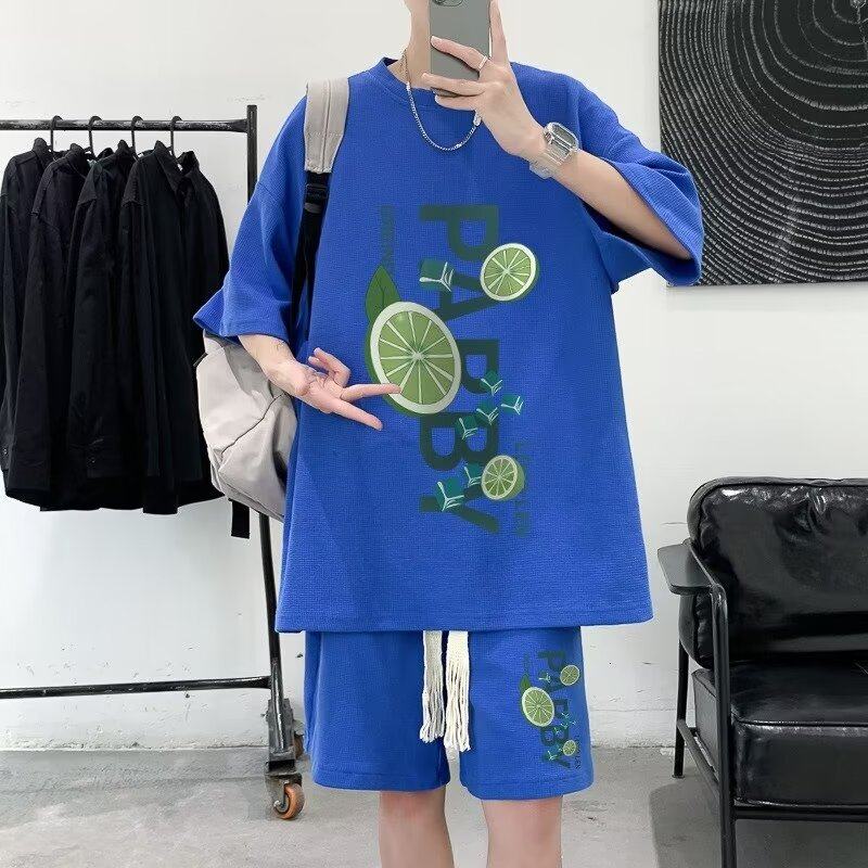 特大码300斤港风华夫格男短袖T恤短裤两件套夏季搭配帅气潮牌套装,淘宝优惠券,粉丝福利购,淘宝优惠卷