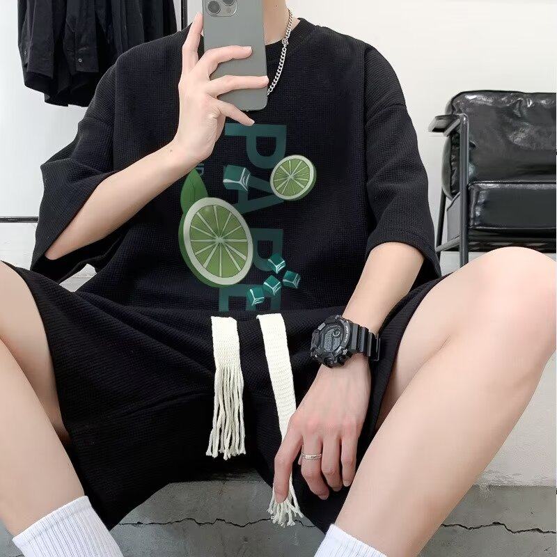 特大码300斤港风华夫格男短袖T恤短裤两件套夏季搭配帅气潮牌套装,淘宝优惠券,粉丝福利购,淘宝优惠卷