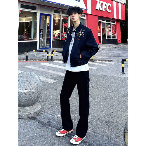 黑色517柳叶弯刀牛仔裤男款秋冬加绒美式cleanfit修身显瘦微喇裤 - 图2