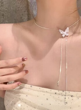 银色蝴蝶长款流苏项链女春夏新款