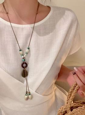 梧桐琥珀长款天然石陶瓷吊坠项链