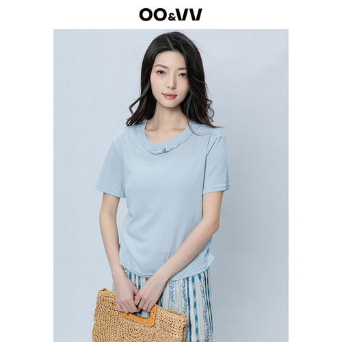 oo&vv设计感串珠圆领短袖T恤女2026春夏新款修身显纯色休闲上衣 - 图1