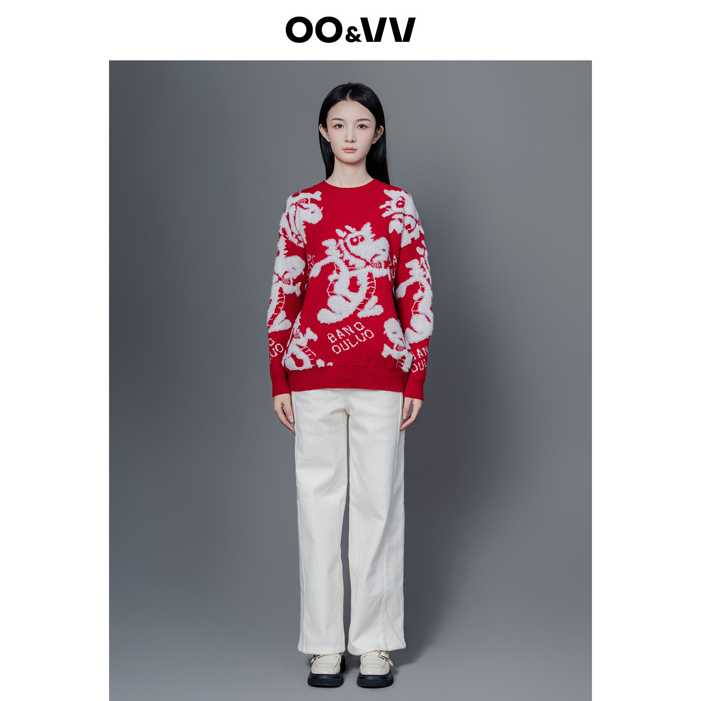 oo&vv红色印花卡通龙针织衫女2025秋冬新款圆领宽松显瘦百搭毛衣,淘宝优惠券,粉丝福利购,淘宝优惠卷
