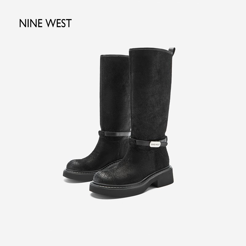 Nine West/玖熙冬季清仓骑士靴女黑色百搭圆头高跟长筒靴百搭女鞋 - 图0