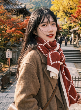 新年红色菱形格子羊绒围巾生日礼物女生送女友老婆暖心圣诞节礼品