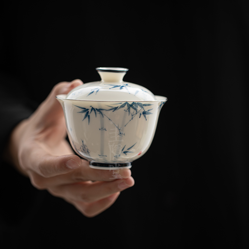 圭隐堂手绘竹子玉瓷盖碗描金单个泡茶碗分茶器防烫泡茶器功夫茶具
