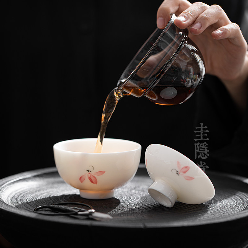 Gui Yintang hand-painted pink orchid mutton fat jade porcelain outdoor portable travel Kung Fu tea set tea cup quick cup