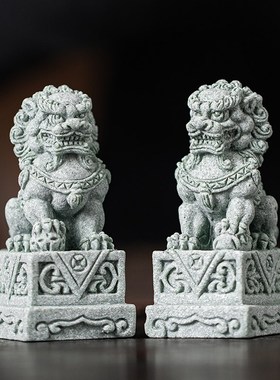 速发中式狮潮青砂文创石国子公母一对招财茶缸摆件门狮子台鱼宠造