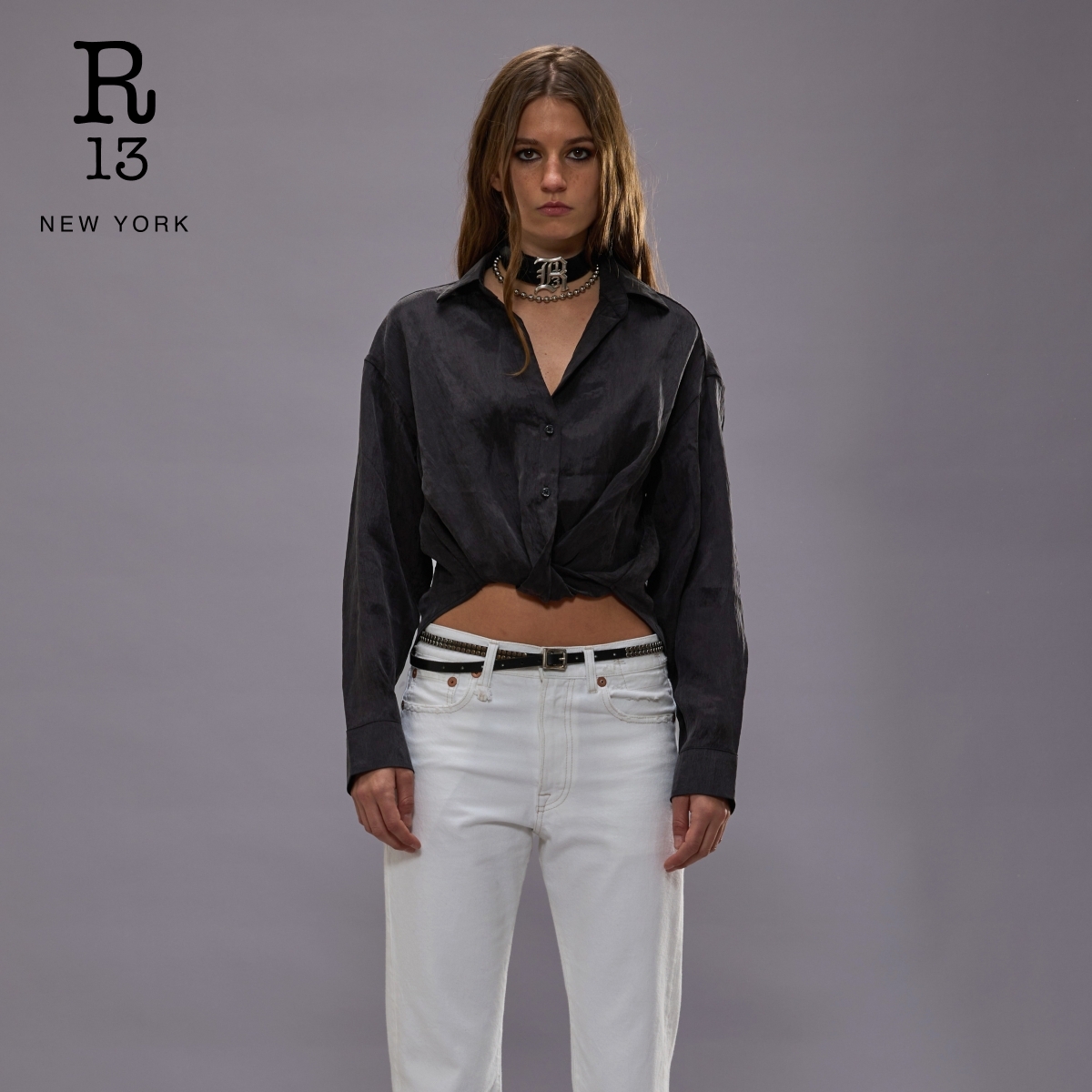 R13 2025春夏新品 莱赛尔混纺长袖衬衣扭结下摆简约轻薄休闲衬衫 - 图2