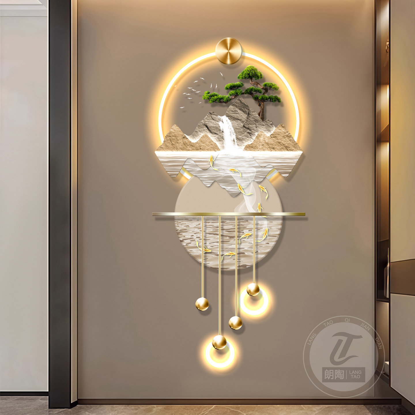 流水生财九鱼图玄关装饰画客厅电视格栅装饰挂件背景墙发光灯画,淘宝优惠券,粉丝福利购,淘宝优惠卷