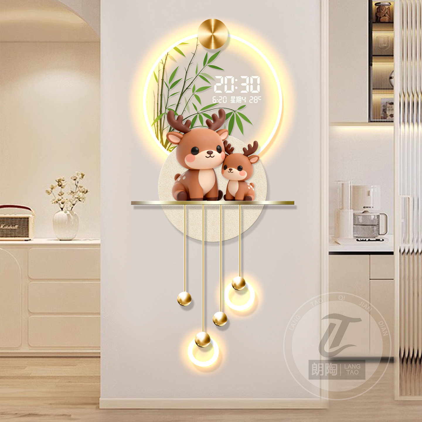 奶油风入户玄关装饰画高级感LED氛围感灯饰电子时钟万年历发光画,淘宝优惠券,粉丝福利购,淘宝优惠卷