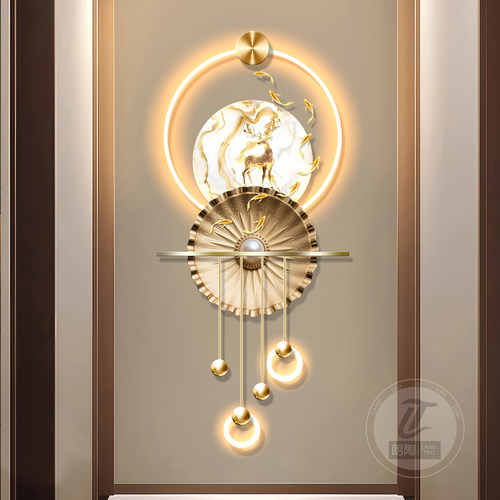 九鱼图玄关装饰画麋鹿壁画格栅装饰挂件高级感壁灯画LED发光画 - 图1