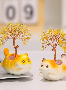 创意卡通动物天然黄水晶发财树摆件可爱猫咪办公室桌面装饰品礼物