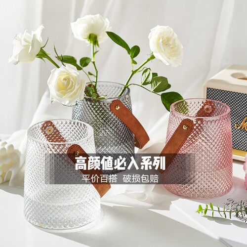 美式创意轻奢皮革手提花瓶玻璃水养鲜花玫瑰百合客厅餐桌装饰摆件 - 图2