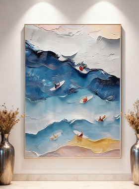 蓝潮涌浪现代简约蓝色大海奶油风玄关装饰画酒店抽象冲浪挂画