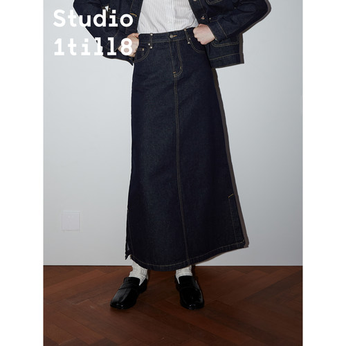 Studio1till8｜水洗深蓝百搭长裙秋季复古明线A字牛仔半身裙 - 图0
