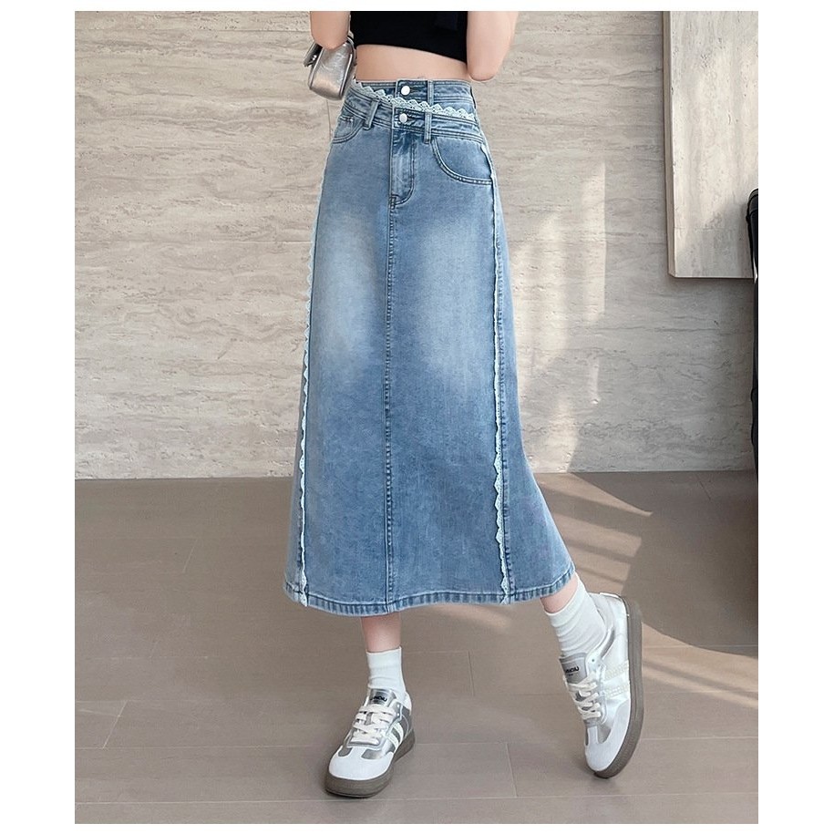 复古蕾丝花边拼接开叉牛仔半身裙女2025春夏小个子高腰显瘦直筒裙,淘宝优惠券,粉丝福利购,淘宝优惠卷