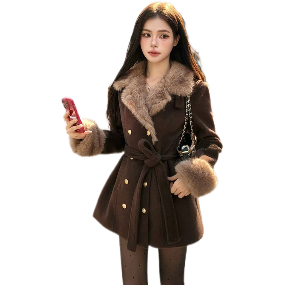 法式古着vintage气质毛绒领拼接系带收腰显瘦呢子大衣外套女冬季,淘宝优惠券,粉丝福利购,淘宝优惠卷