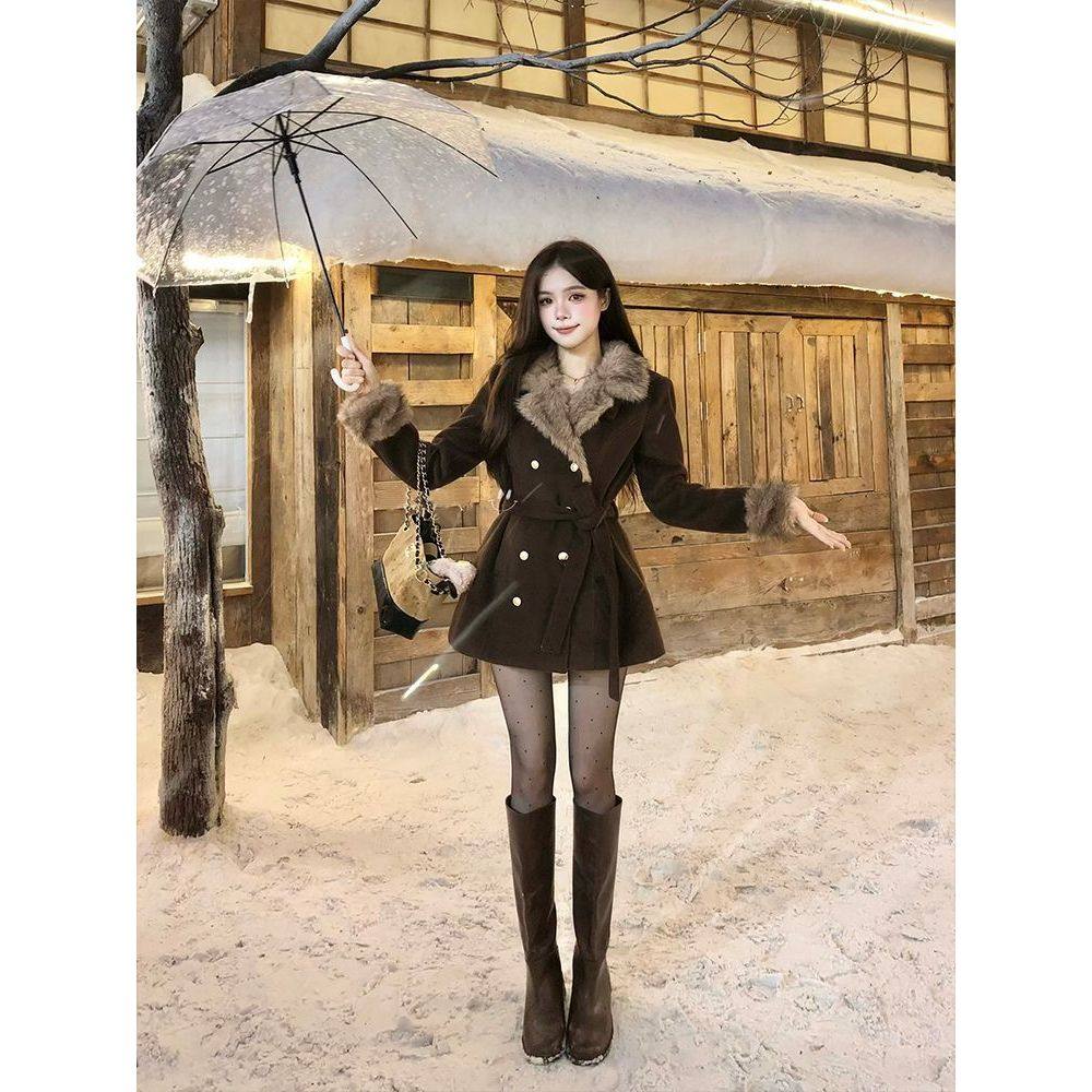 法式古着vintage气质毛绒领拼接系带收腰显瘦呢子大衣外套女冬季,淘宝优惠券,粉丝福利购,淘宝优惠卷