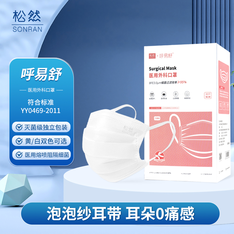 松然口罩医用外科口罩呼易舒宽耳带盒装灭菌级防病菌独立包装
