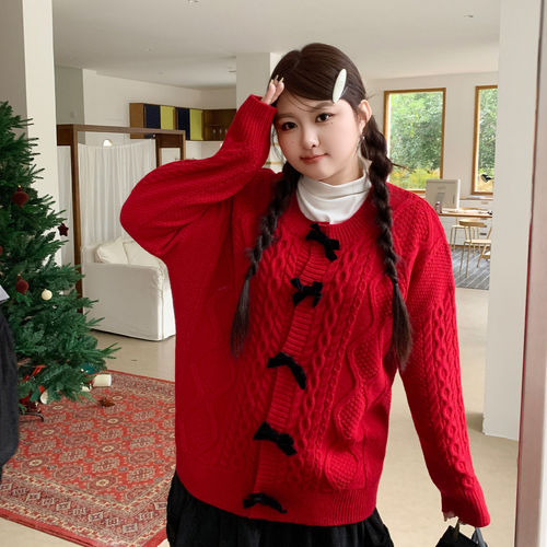 YUZI鱼子红色氛围感毛衣开衫新年千金感黑色丝绒蝴蝶结大码女装 - 图2