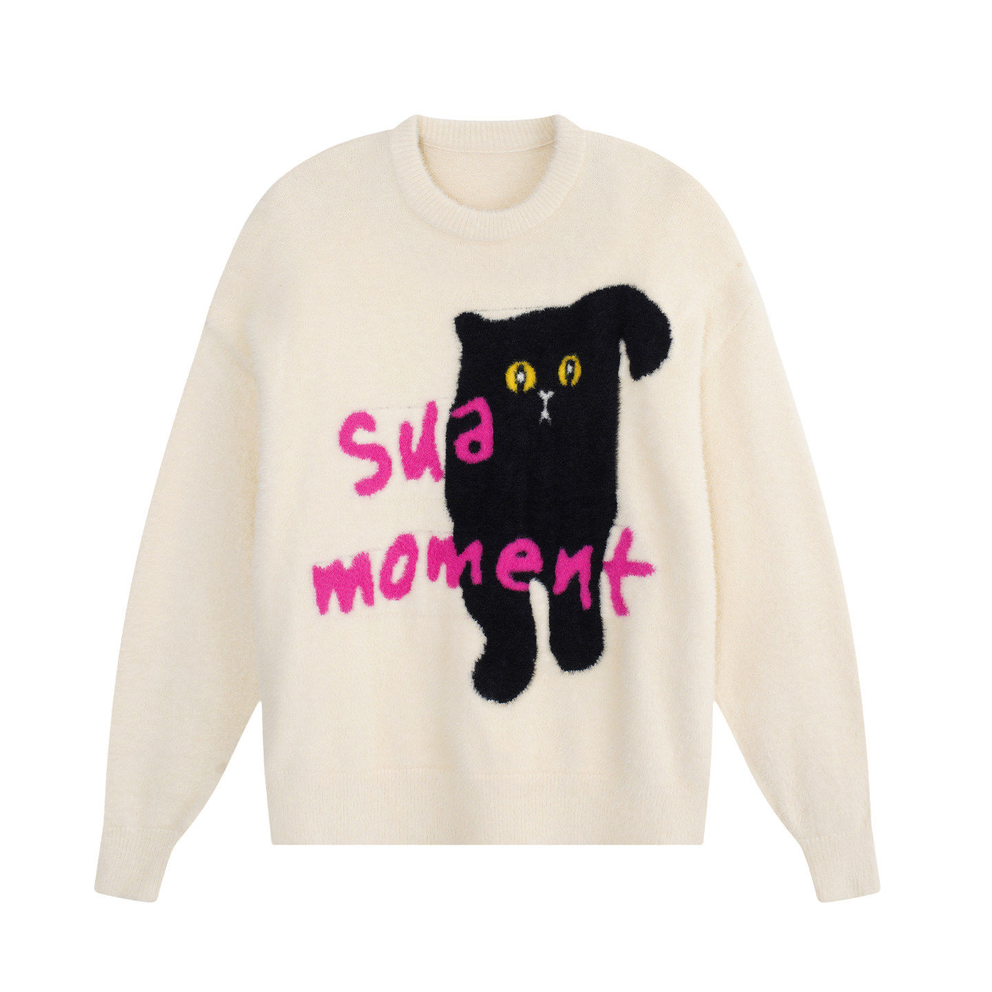 YUZI鱼子毛绒感毛衣黑猫字母提花米色宽松慵懒甜美温柔大码女装,淘宝优惠券,粉丝福利购,淘宝优惠卷