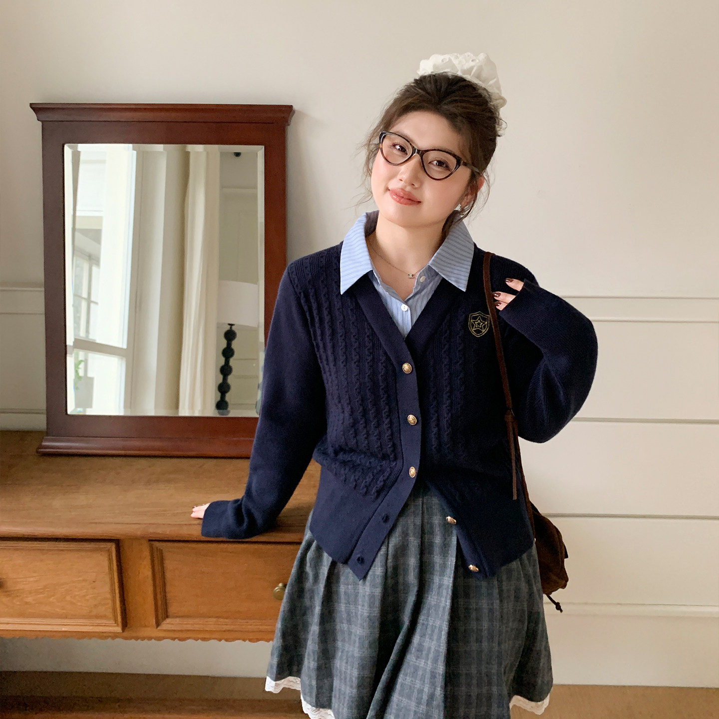 YUZI鱼子假两件针织开衫女韩系学院风特大码藏青色设计感毛衣开衫,淘宝优惠券,粉丝福利购,淘宝优惠卷