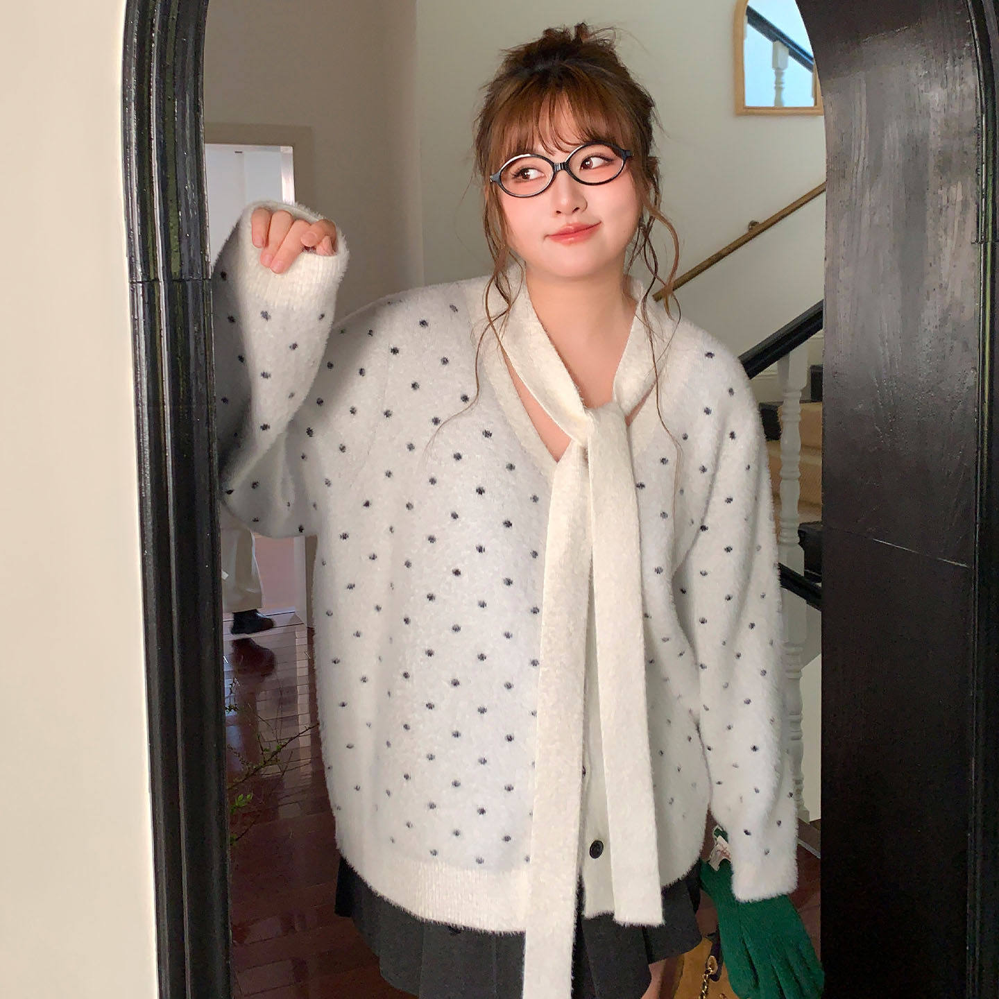 YUZI 鱼子波点开衫毛衣韩系仿貂毛领口系带气质宽松显瘦大码女装,淘宝优惠券,粉丝福利购,淘宝优惠卷