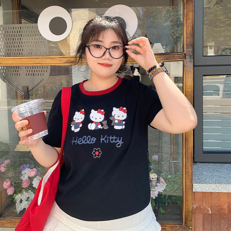 YUZI鱼子KT猫印花短款T恤大码女装夏微胖mm显瘦遮肉200斤俏皮减龄