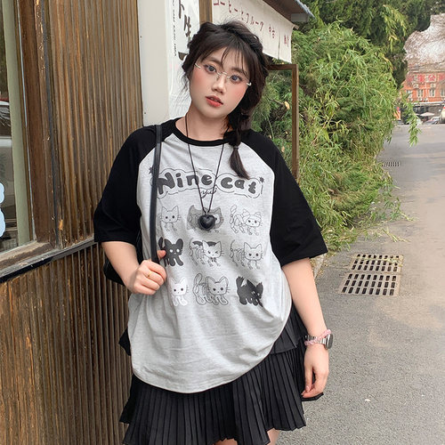 YUZI鱼子插肩袖T恤纯棉大码女装夏微胖mm高弹显瘦遮肉200斤减龄 - 图2