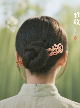 桃木发簪子古风高级感发饰新中式百搭发钗日常通勤发簪u型双钗