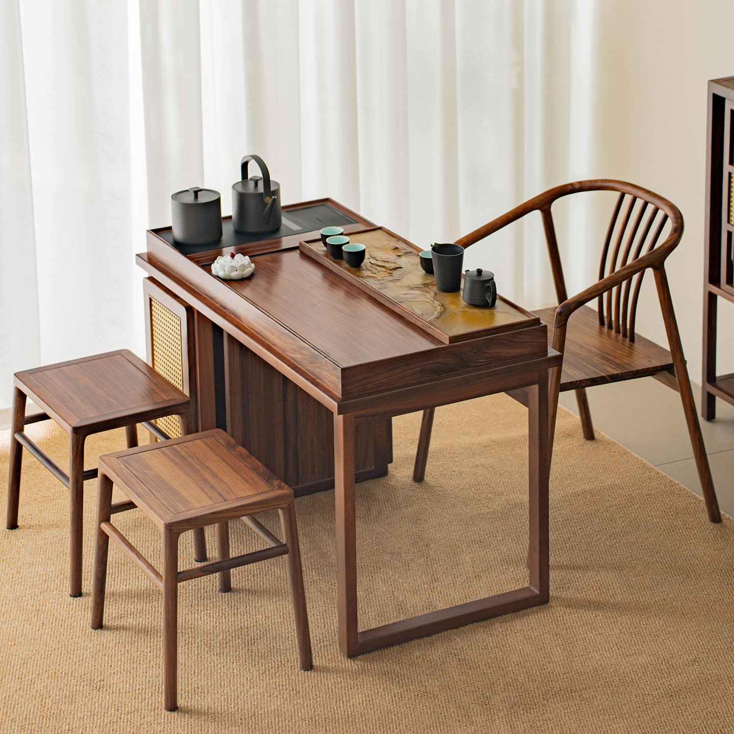 新中式茶桌椅组合北美黑胡桃木色茶室实木泡茶台阳台小茶桌椅组合 - 图2