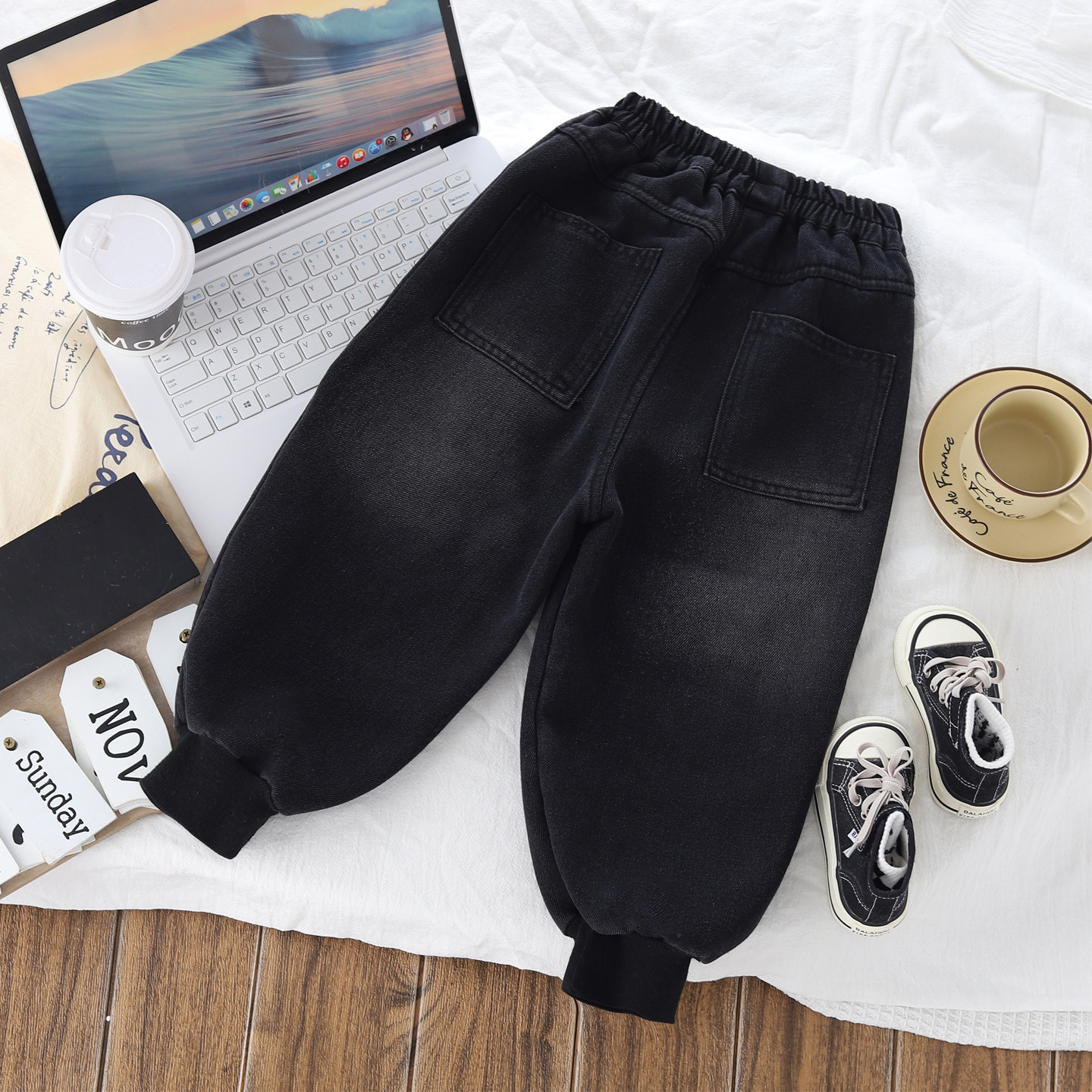 秋冬黑色儿童加绒工装牛仔裤男宝宝大口袋束脚灯笼裤松紧腰阔腿裤,淘宝优惠券,粉丝福利购,淘宝优惠卷