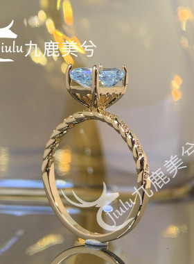 培育冰花切2克拉雷迪恩天空蓝戒指厚镀18K金镶嵌6*8长方钻戒彩宝