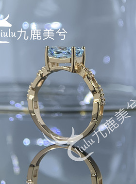 不掉色 厚镀18K金戒指浅海蓝2克拉雷迪恩冰花切培育高碳钻6*8长方
