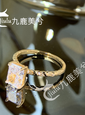 培育冰花切2克拉雷迪恩爆闪白戒指厚镀18K金镶嵌6*8长方钻戒彩宝