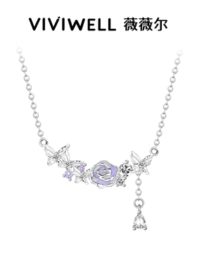 VIVIWELL蝶舞玫瑰气质纯银锁骨链