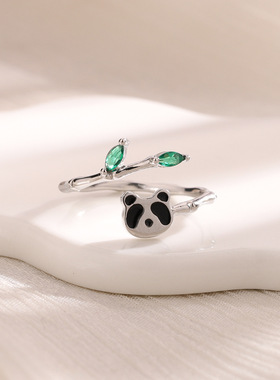 国潮树叶熊猫戒指可爱国福小熊食指环滴釉绿色锆石叶子竹节食指戒