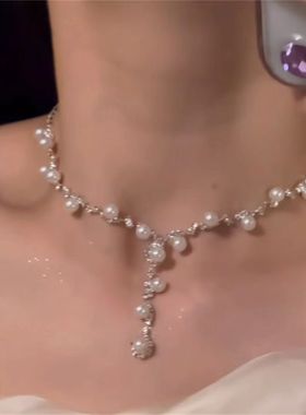 闪钻锆石珍珠项链耳环女轻奢小众高级感颈链配饰锁骨链潮